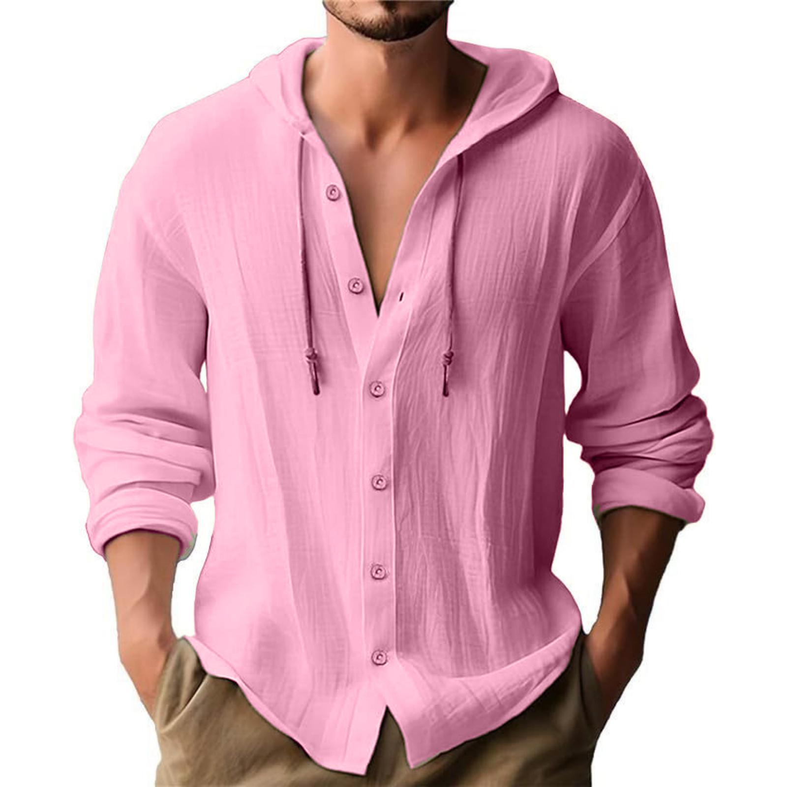 

Men s Casual Hooded T-shirt Shirt Men s -colored Cotton And Linen Long-sleeved Button Top M рожевий