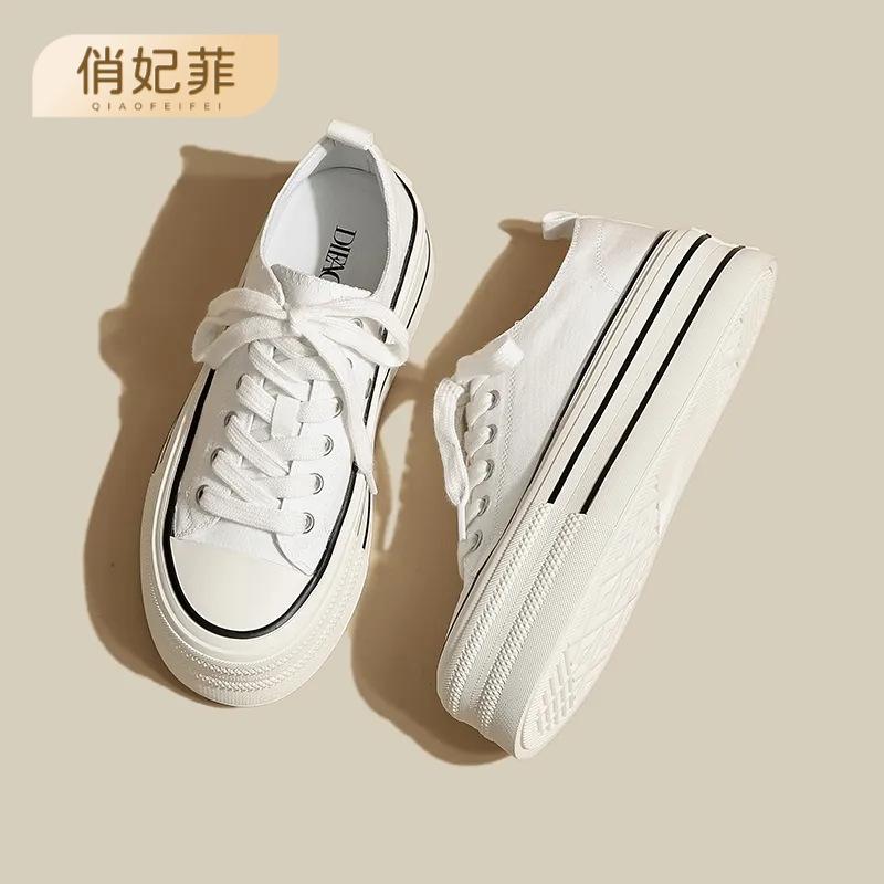 Platform canvas shoes women's 2025 new Korean version of white shoes sports and leisure shoes heightening round head lace-up low-top board shoes