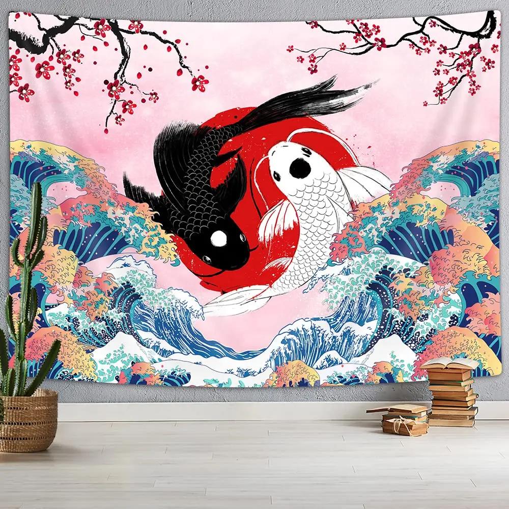 Große Meereswelle Wandteppich Asiatischer Anime Berg Rote Sonne Kirschblüte Wandteppich Zuhause Wohnzimmer Schlafzimmer Wand Moderne Kunst Wandteppiche