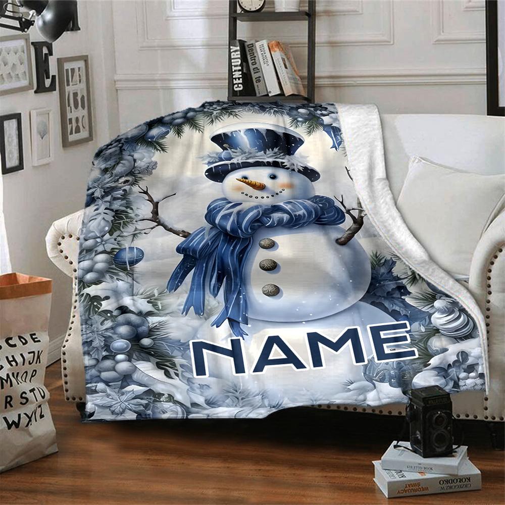 Snowman In Winter Wreath With Blue Scarf And Hat Gift Customizable Blanket Personalized Name Warmthful Decor Throw For Sofa Couch Office Bed Picnics