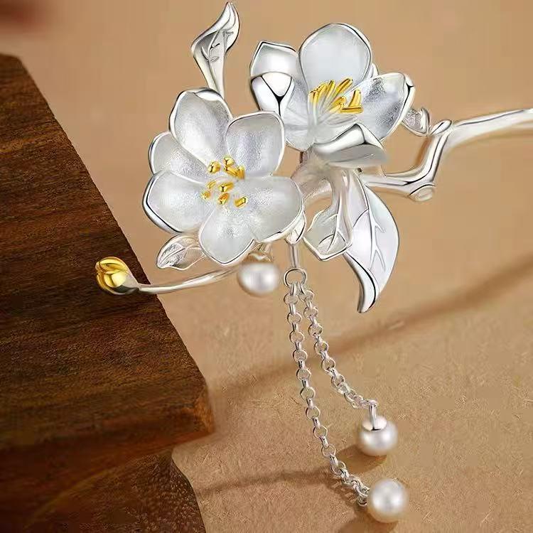 Pure Sterling Silver Begonia Tassel Hairpin - Ancient Hanfu Style Gift