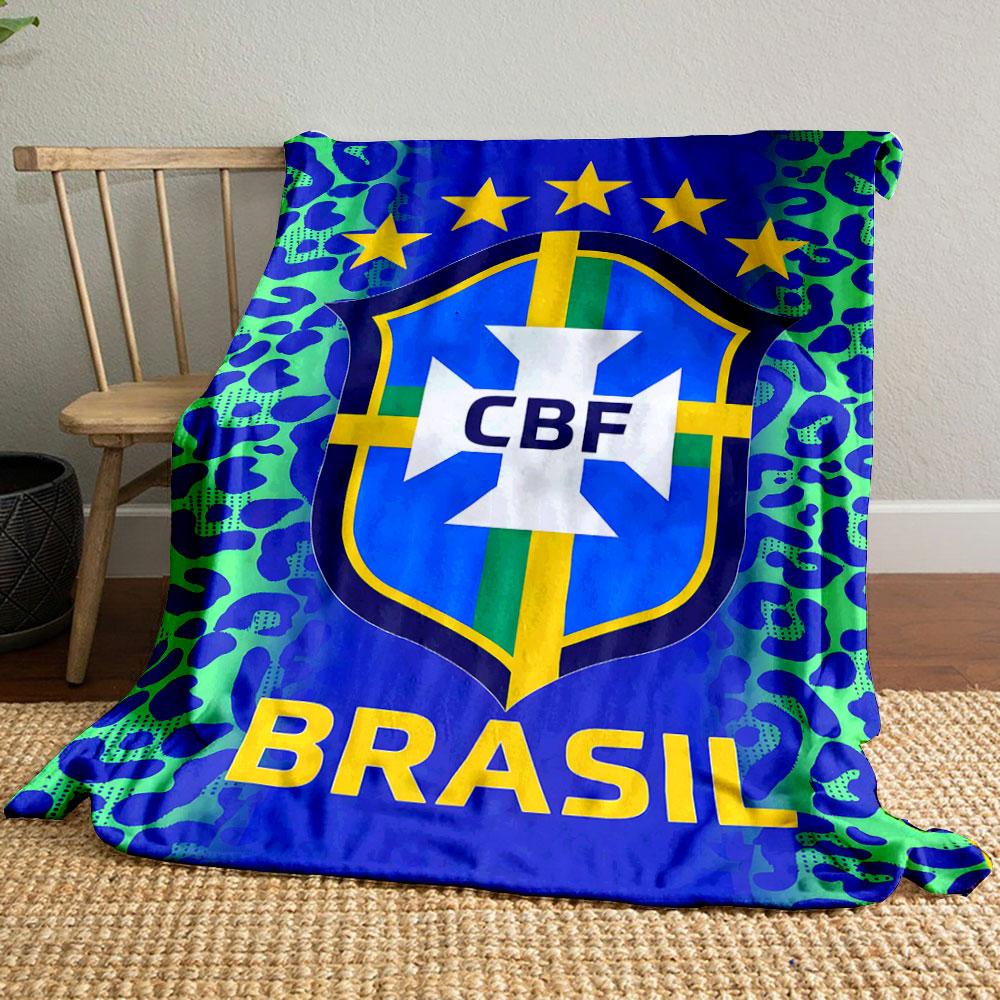 Blue and green leopard print background with a Brazil CBF emblem. for all seasons blanket lunch break throw gift