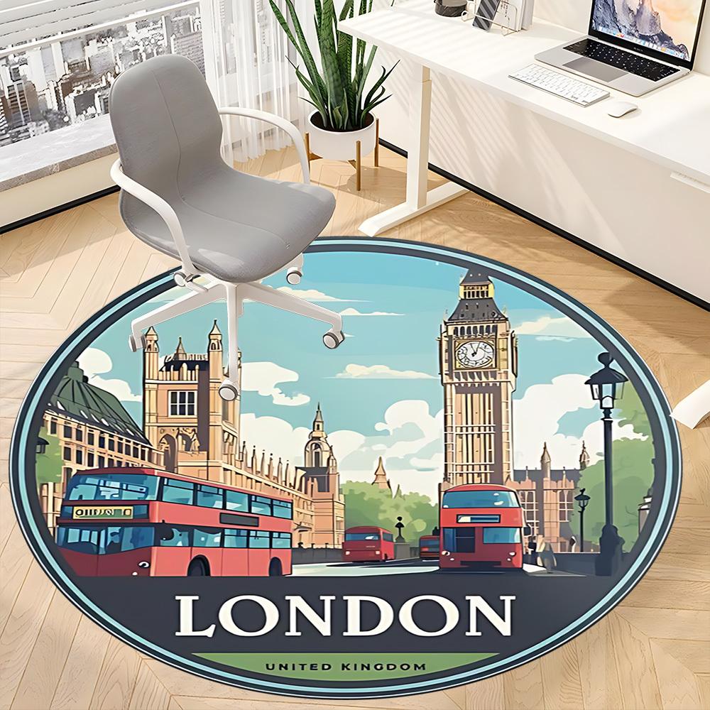 1pc London Bus Office Round Area Rug, Indoor Mat Suitable ForOffice, Under Office Chairs Bedroom Living Room Home Decor, Room Deco, n50