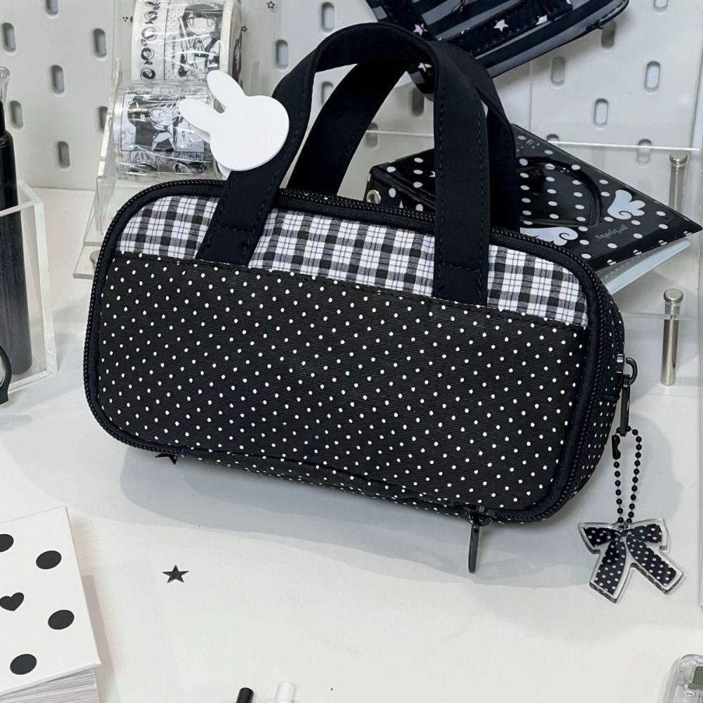 Handheld Pencil Case Plaid Polka Dot Stationery Bag Aesthetic Stationery Organizer Students