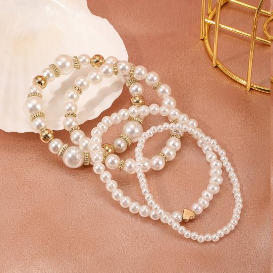 4Pcs Faux Pearl Bracelet Set Simulated Pearl Beaded French Vintage Bracelet Stretch Golden Bead Faux Pearl