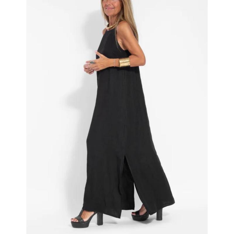 Women's Summer Fashion Casual Cotton Linen Maxi Dress Spaghetti Strap Side Split Sleeveless Loose Fit Beach Vacation Holiday Long Dress