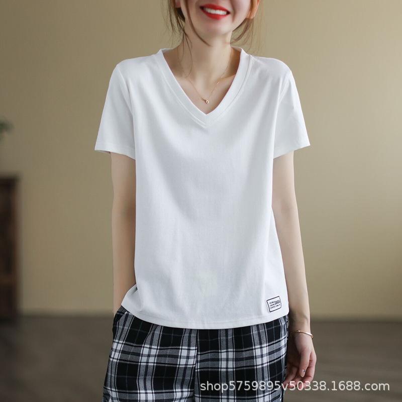 Silk Cotton White Short Sleeved Shoulder T-shirt for Women's Spring/summer V-round Neck Basic Top