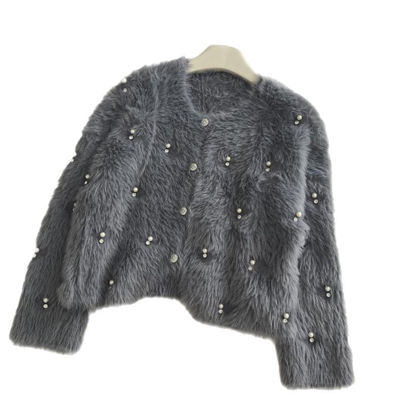 Women's Beaded Faux Mink Fur Coat - Korean Style Knit Cardigan, Spring/Autumn Long Hair Outerwear.