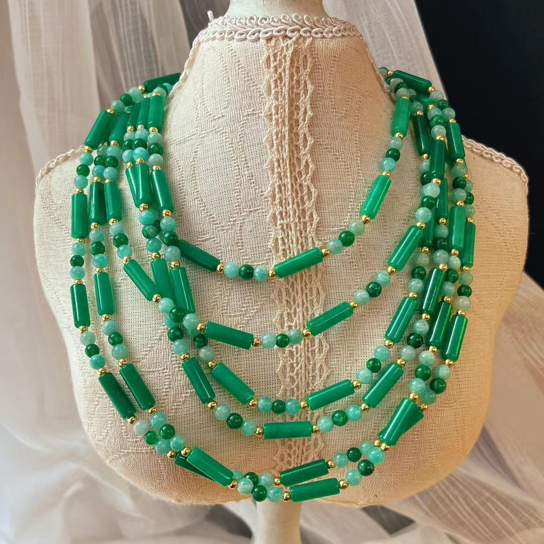 Vintage Bamboo Natural Quartzite Necklace Emerald Green Clavicle Chain Guofeng Beads