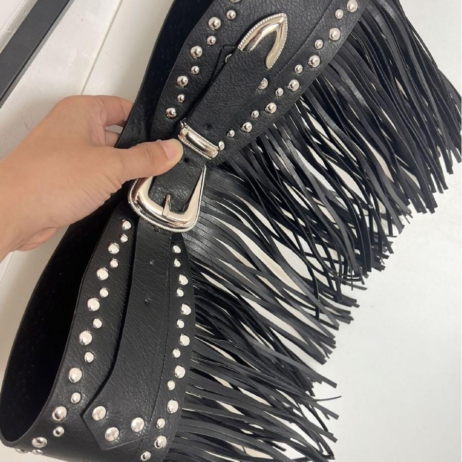 Amber Tassel Belt, European and American Punk Style, Distinctive Long Tassel Dress, Women's Waist Seal, Fashionable Riveted Wide Belt Waist Dress