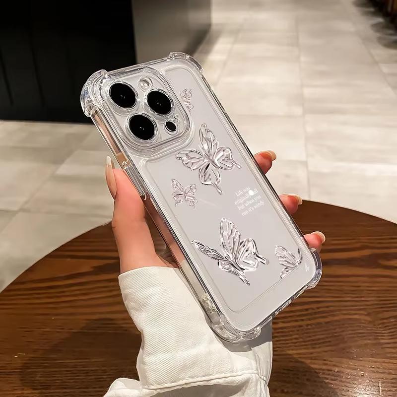 Silver Butterfly Transparent Phone Case For iPhone 17 Pro Max 11 12 13 14 Plus 15 16 Pro 17 Air X XR XS Silicone Clear Cover
