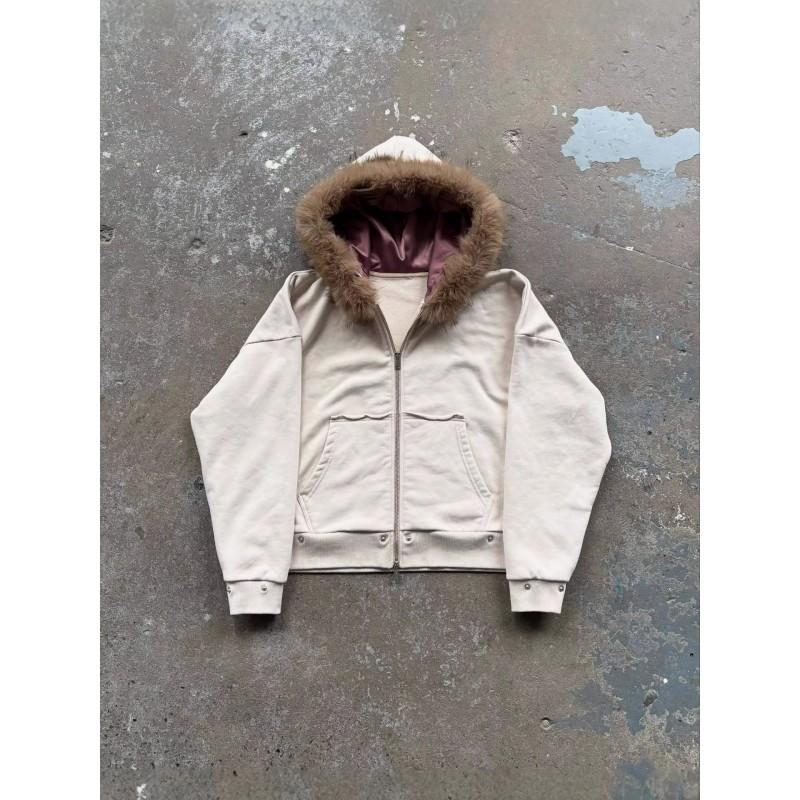 Unisex Oversized Retro Minimalist Hoodie With Faux Fur Collar Embellished Beading Streetwear Casual Sweatshirt Winter