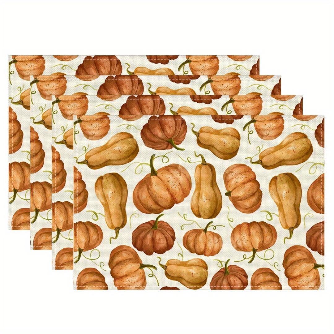 4pcs Pumpkin & Gourd Placemats – Watercolor Fall Harvest, Washable Polyester Table Mats for Thanksgiving & Dining Decor 4PCS