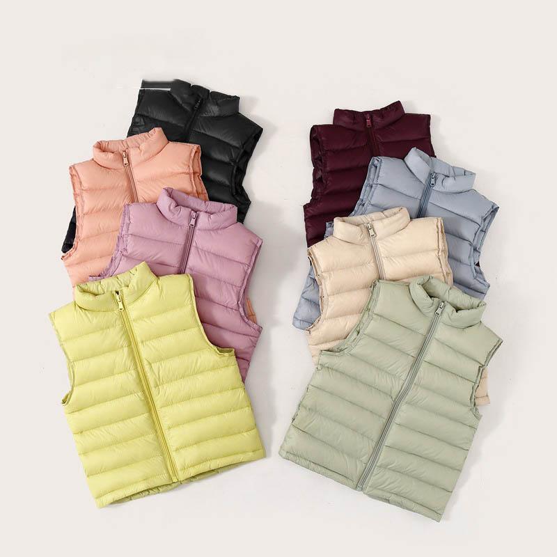 Autumn and Winter Boys' and Girls' Lightweight Sleeveless Jackets with Stand-Up Collars in Solid Colours, Warm down Vests