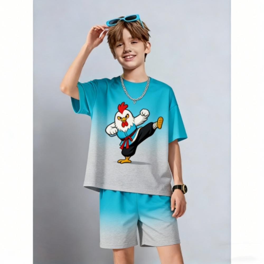 

Summer Men s Set Cartoon Kungfu Chicken Printed Men s T-shirt and Shorts 2 Piece Set Summer Casual Outdoor Men s and Women s Outfit XXS