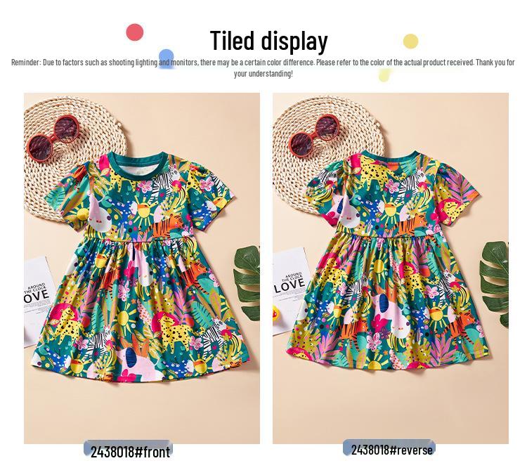 Summer 2025 European & American Style Girls' Princess Cartoon Tropical Short-Sleeve Dress