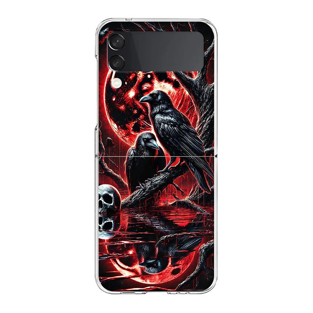 Phone Cover For Samsung Galaxy Z Flip 7 6 5 4 Case Transparent For Samsung Z Flip 3 Hard PC Foldable Shell Raven Crow Skull Bags