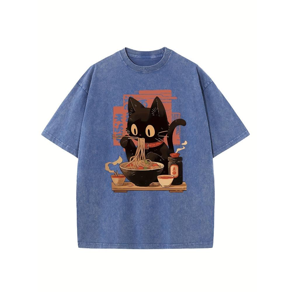 High Quality Pure Cotton Retro Washed Cat Noodle Pattern T-shirt Summer Outfit Round Neck Short Sleeved