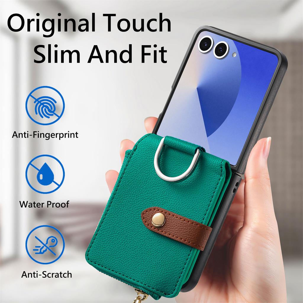 For Samsung Galaxy Z Flip7 5G Case Zipper Pocket Leather + PC Phone Cover with Ring Holder