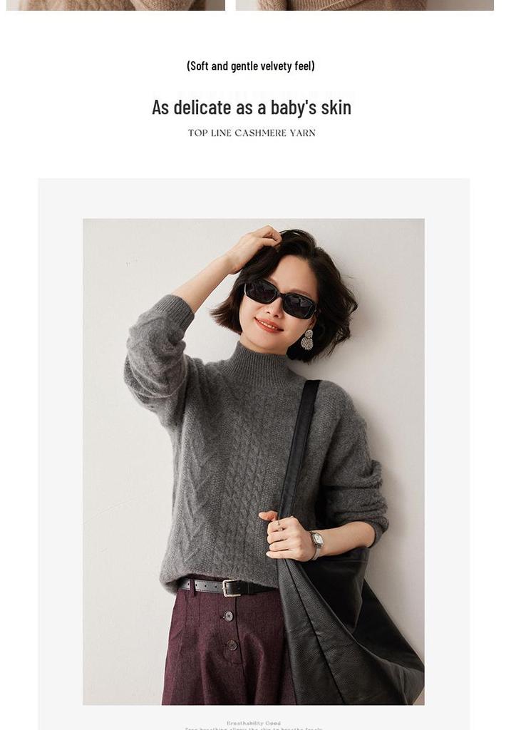 Women's Cashmere Cable Knit Sweater, Half-High Neck, Korean Style, Autumn/Winter 2024 Fashion