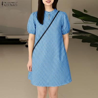 Women Casual Stand Collar Short Sleeve Loose Grid Print Dress