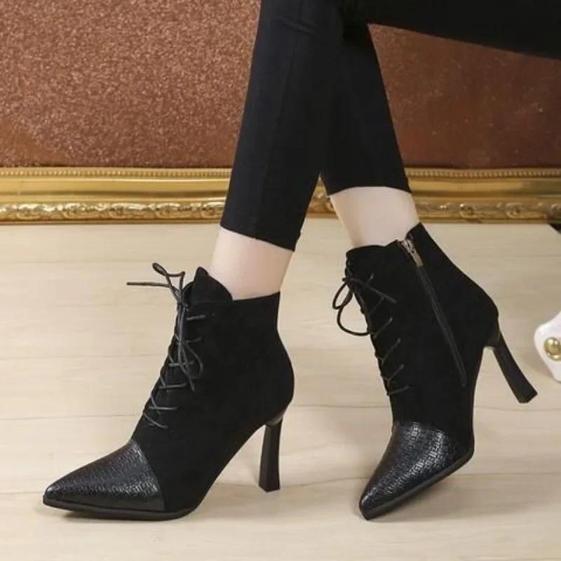 Fashion 2024 Winter Hot Front Lace-up Women's Boots Fashion Side Zipper Office and Career Sexy Pointed Toe High Heels Shoes for Women