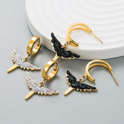 Women Simple Angel's Wing Drop Earrings Stainless Titanium Steel Crystal Pendant Earrings Geometric Ear Ornaments