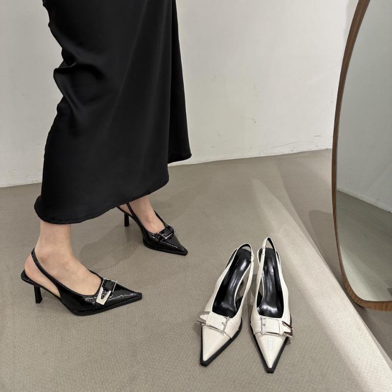 Mode Neue Sommer Frauen Kleid Schuhe Spitzschuh Sandalen Schnalle Slingbacks Pumps Zurück Strap Mid Heels Lackleder Schuh Zapatos Mujer