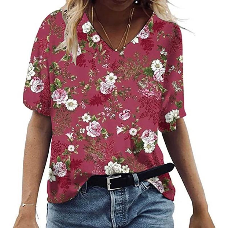 Summer V-neck 3D Feather Flower Printed Top Fashionable Casual Short Sleeved Women's T-shirts