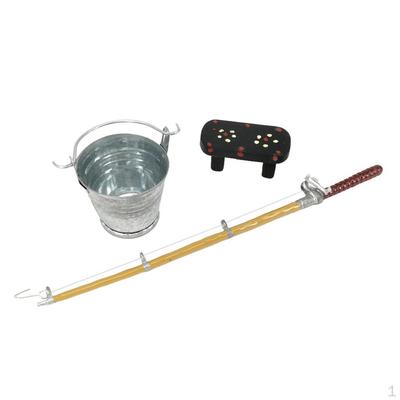 1:12 Scale Doll House Miniature Bucket + Fishing Rod Bench Set