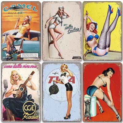 Pin Up Girls tablica Vintage metalowe plakietki emaliowane seksowna dziewczyna piwo Cola samolot żelazny plakat retro dekoracje ścienne do baru Pub Club Home