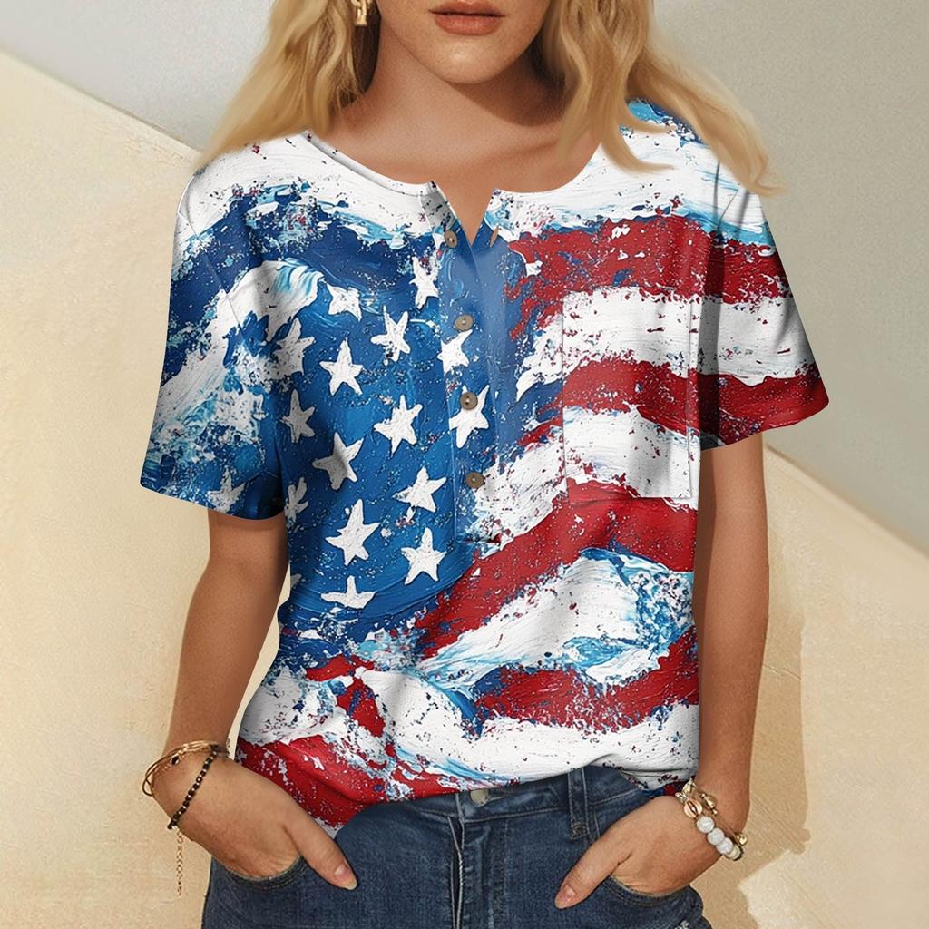 Modna damska bluzka z krótkim rękawem i nadrukiem, okrągłym dekoltem