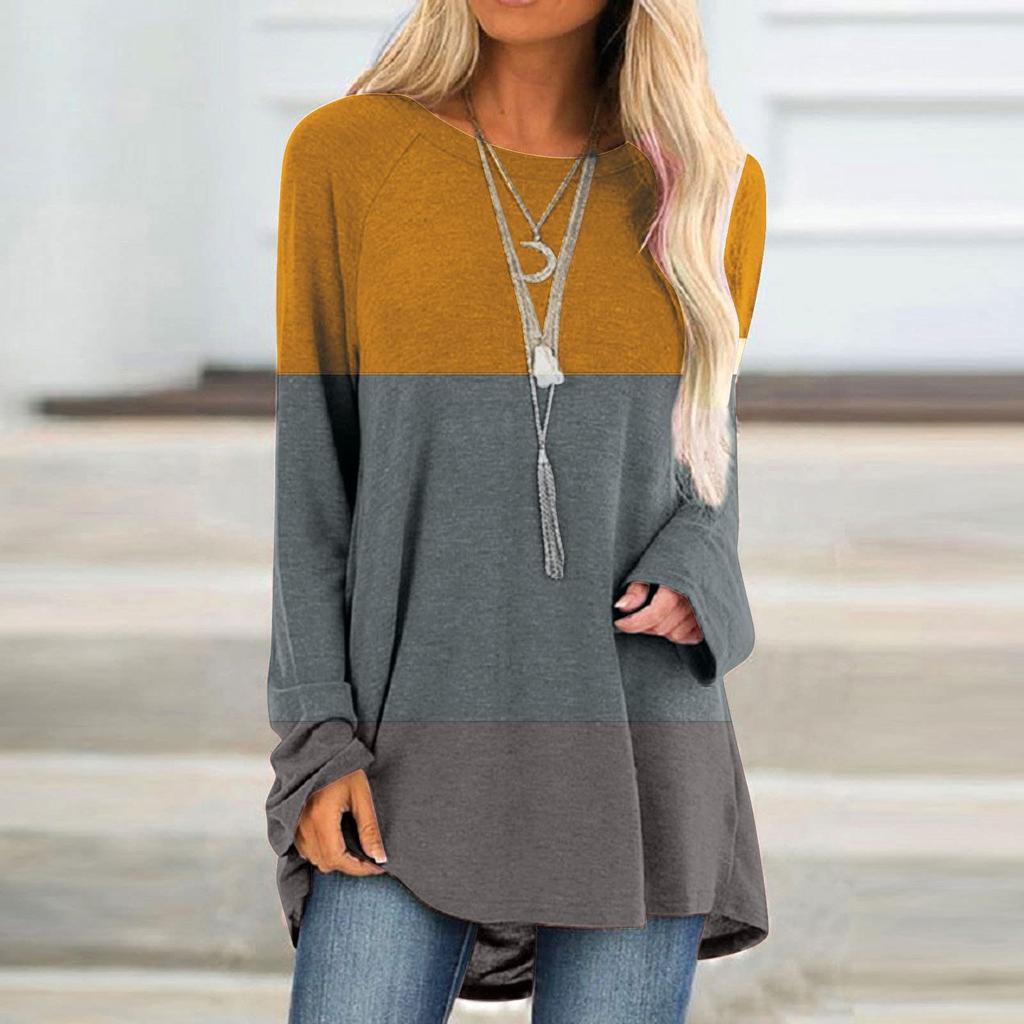 Women's Fashion Casual Irregular Patchwork Color Print Loose Medium Long Long Sleeve Top