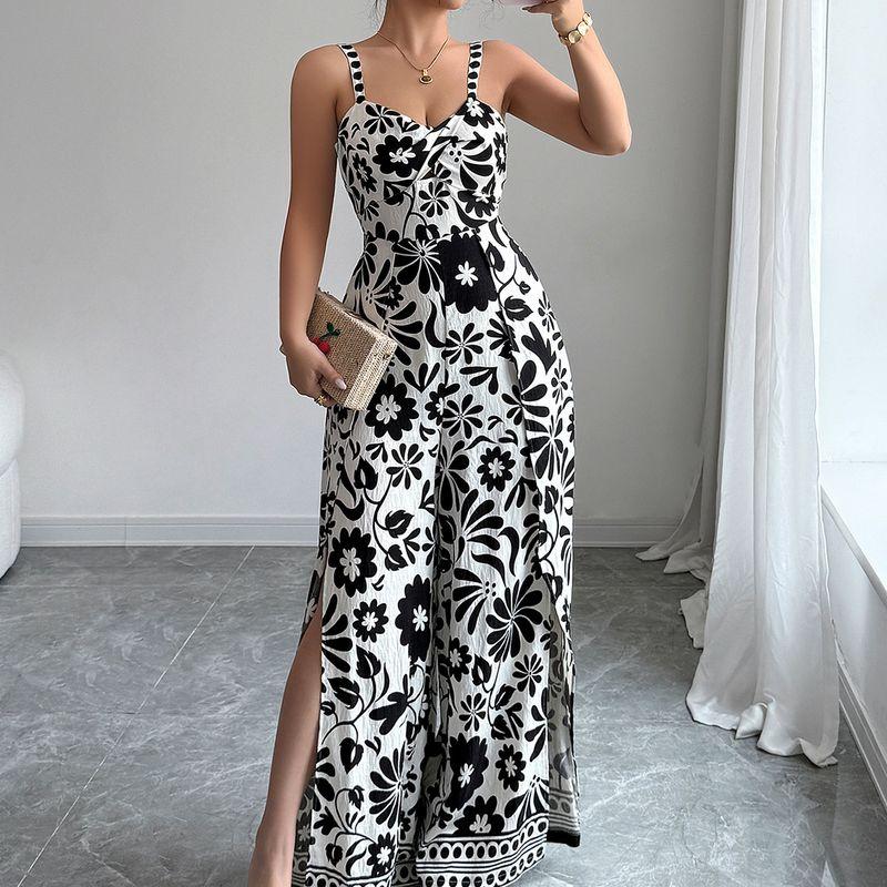 

Fashion Spring/Summer Elegant Elegance Twisted Print Suspender Wide Leg One-Piece Long Pants Women s Clothing Black S