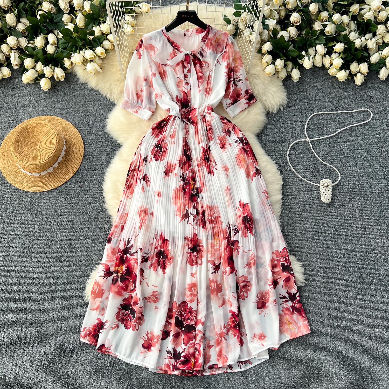 

Французское шифоновое платье, женское платье с цветочным принтом, кружевным воротником и бантом, с коротким рукавом, женские платья, летние платья трапециевидной формы One Size красный