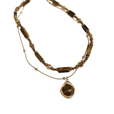 Collier Décoration d'Inspiration Vintage pour Femmes avec Pendentif Pierre Œil de Tigre et Chaîne Double Couche Tenues Élégantes