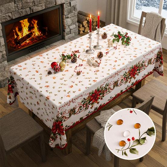 Christmas Rectangle Tablecloth Waterproof Xmas Holly Candy Cane Table Cloth Washable Table Cover for Home Dinner Party Decoration
