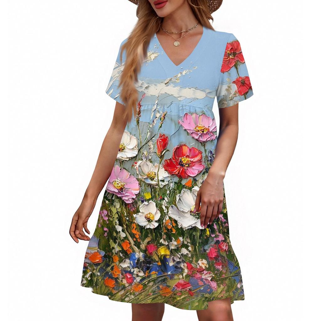 Women's Casual Fashion V-Neck Short Sleeve Floral Print Dress