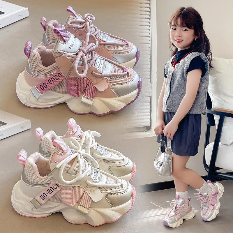 Girls mesh running sneakers autumn 2025 new children's soft-soled dad shoes girls fashion casual shoes