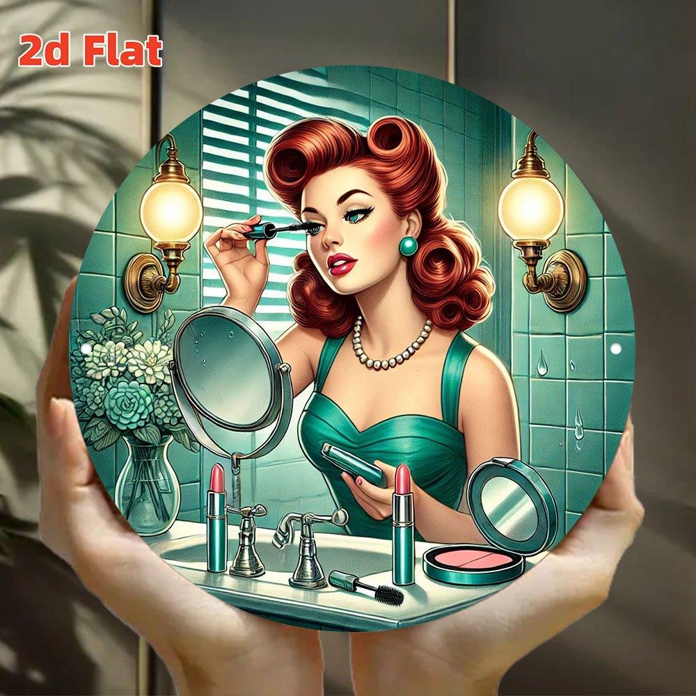 Vintage Hollywood Wall Art Vintage Hollywood Glamour Wall Art Sign Round Aluminum Tin Plaque with Retro Makeup SceneDurable