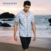 Schiesser Men's Pure Cotton Lapel Printed Short Sleeve Shorts Pajama Set, Light Blue, L
