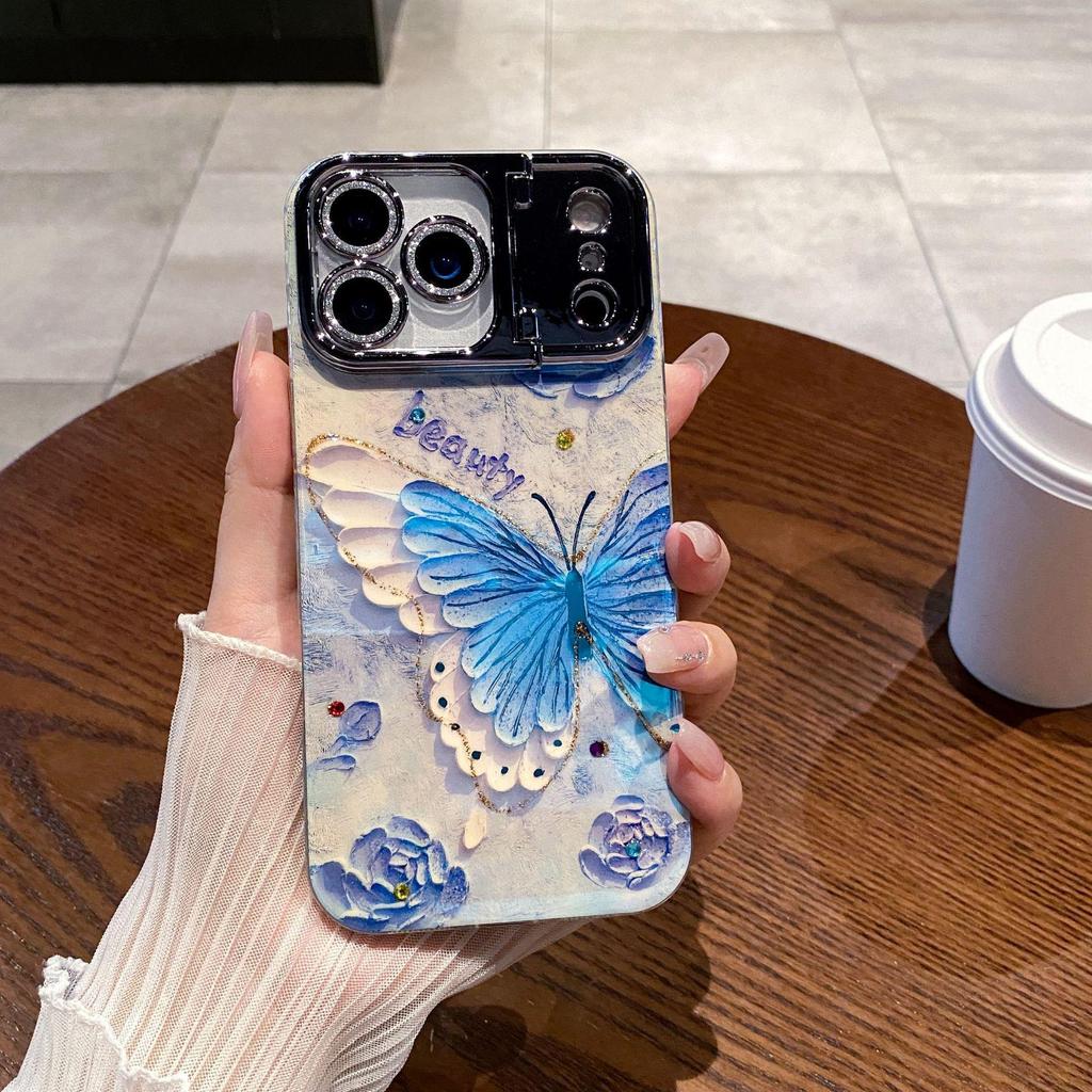 Blaues Blumen Schmetterling Ölmalerei Handyhülle mit Ständer für iPhone 17 Pro Max/16 Pro/15 Vollständige Abdeckung