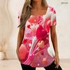 Women Plus Size Short Sleeve U Neck T Shirt Pink Heart Flower Star Dark Background Print Top