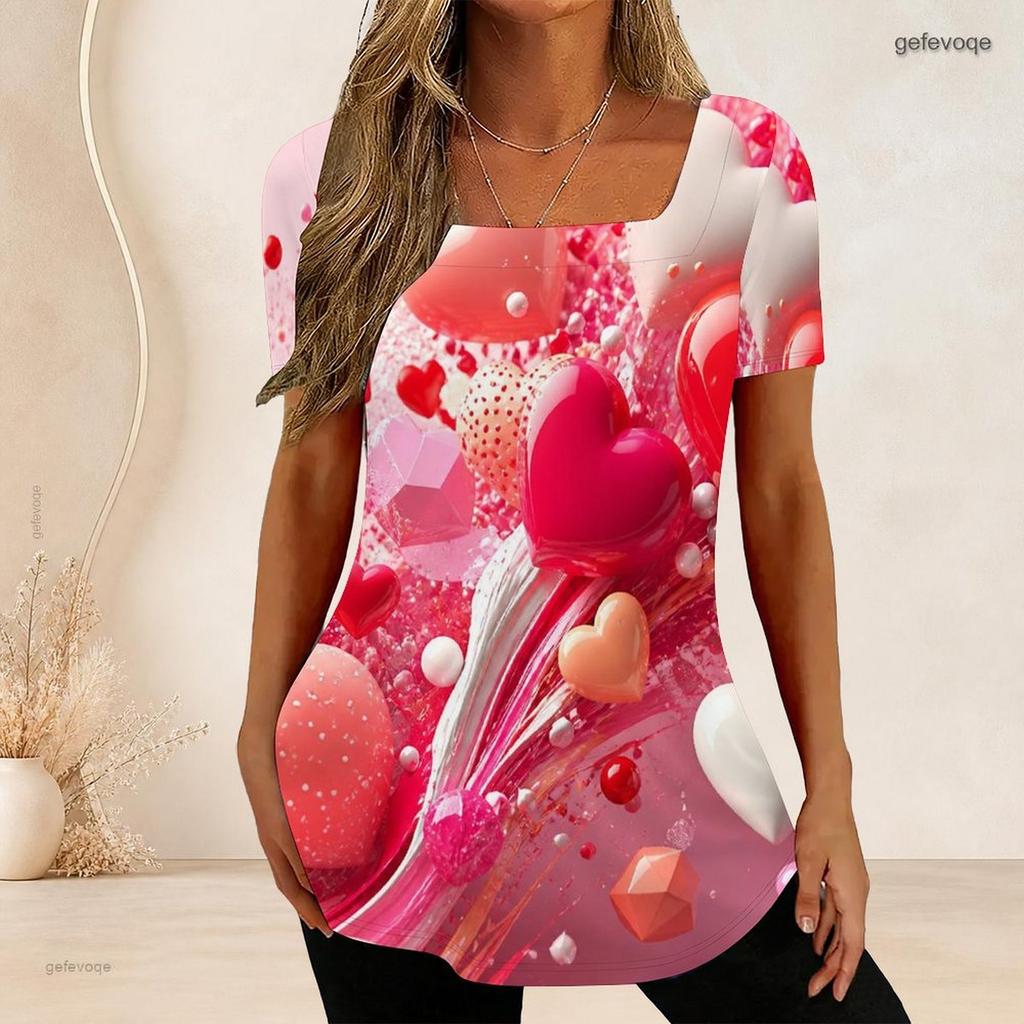 Women Plus Size Short Sleeve U Neck T Shirt Pink Heart Flower Star Dark Background Print Top