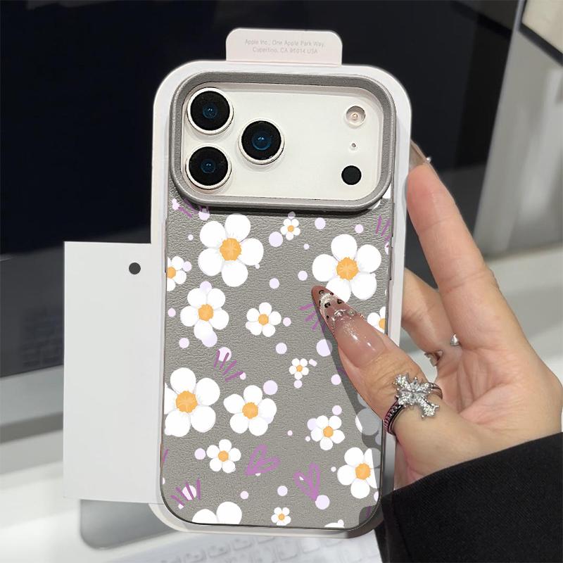For iPhone 18 Pro Max Case White Flowers Print Leather Texture Silicone Cover For iPhone 17 16 15 14 13 Pro Max 16E 17E