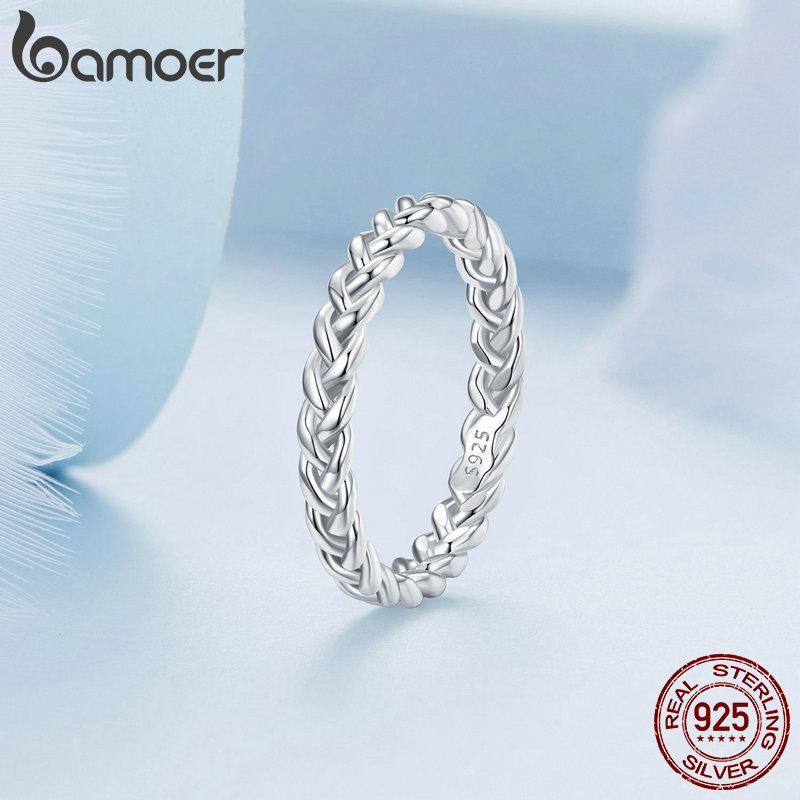Bamoer 925 Sterling Silver Braided Texture Twisted Eternity Band Plait Finger Rings Fine Jewelry Gift for Women BSR311