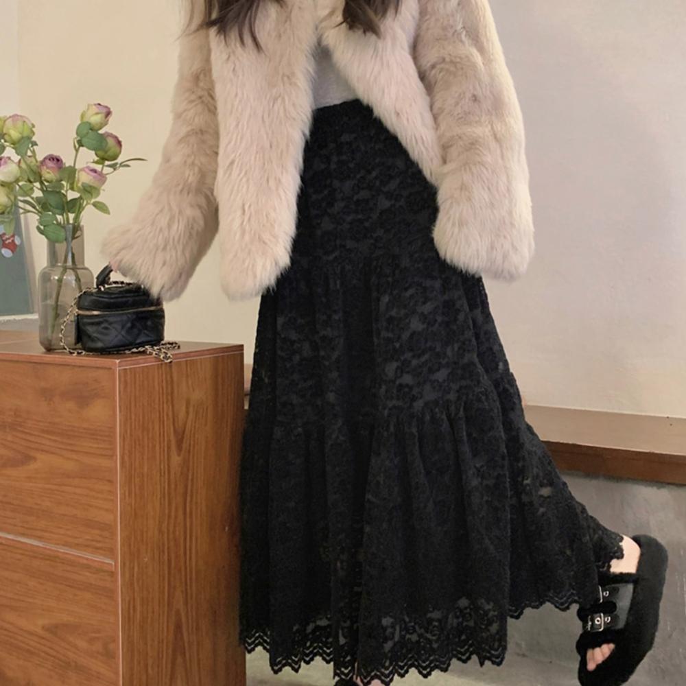 Fleece-Lined Lace Tiered Long Skirt – Cream/Black, From Korea