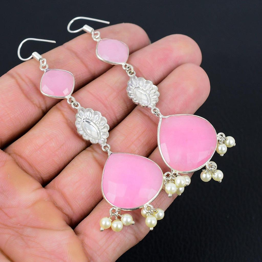 Pear Pink Chalcedony Gemstone 925 Silver New Engagement Sister Drop Earrings