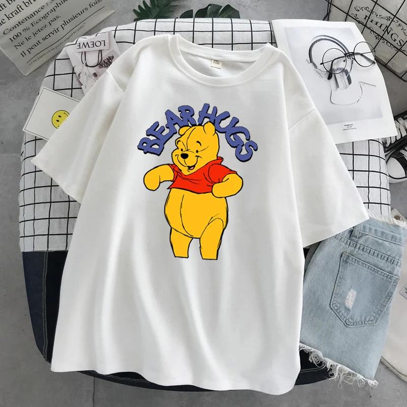 MINISO Winnie Disney Women Men Tshirts Pooh Bear Cartoon Kawaii Tops Fashion Oversized Clothing Short Sleeve Hotselling Top