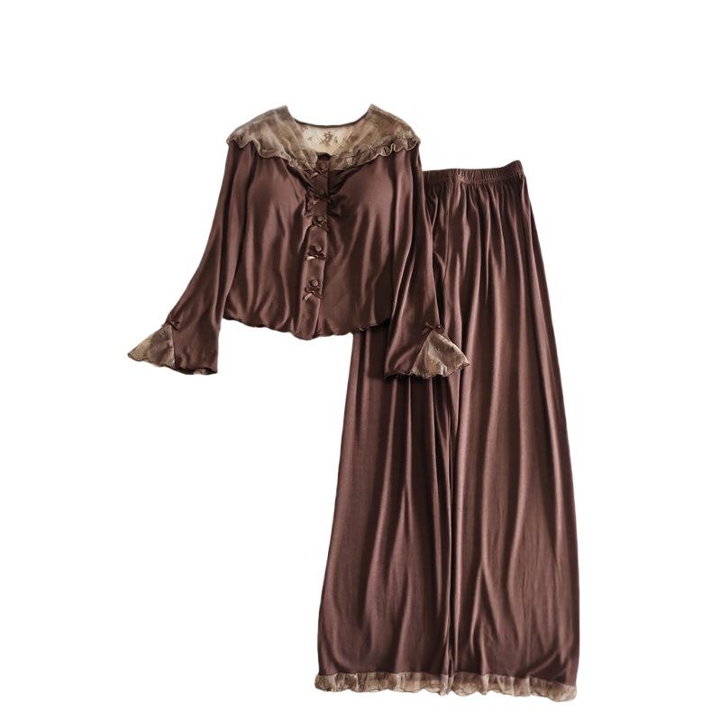 Damska piżama modalna z wkładkami na biust: Dwuczęściowy komplet do domu z długim rękawem i długimi spodniami na każdą porę roku